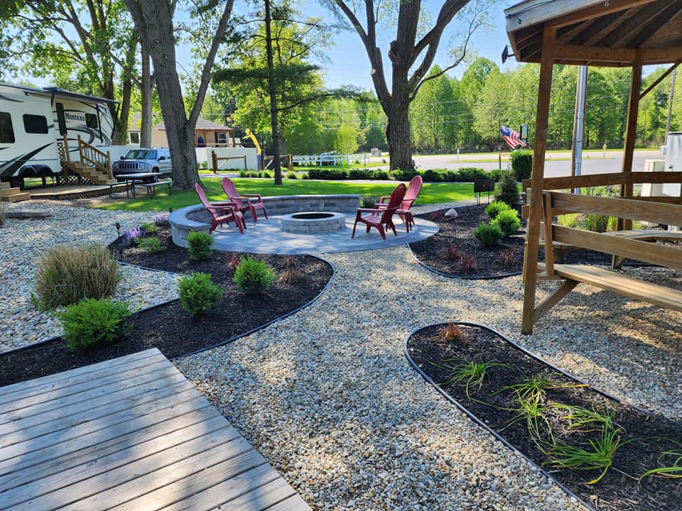 Custom fire pit area with seating and landscaping