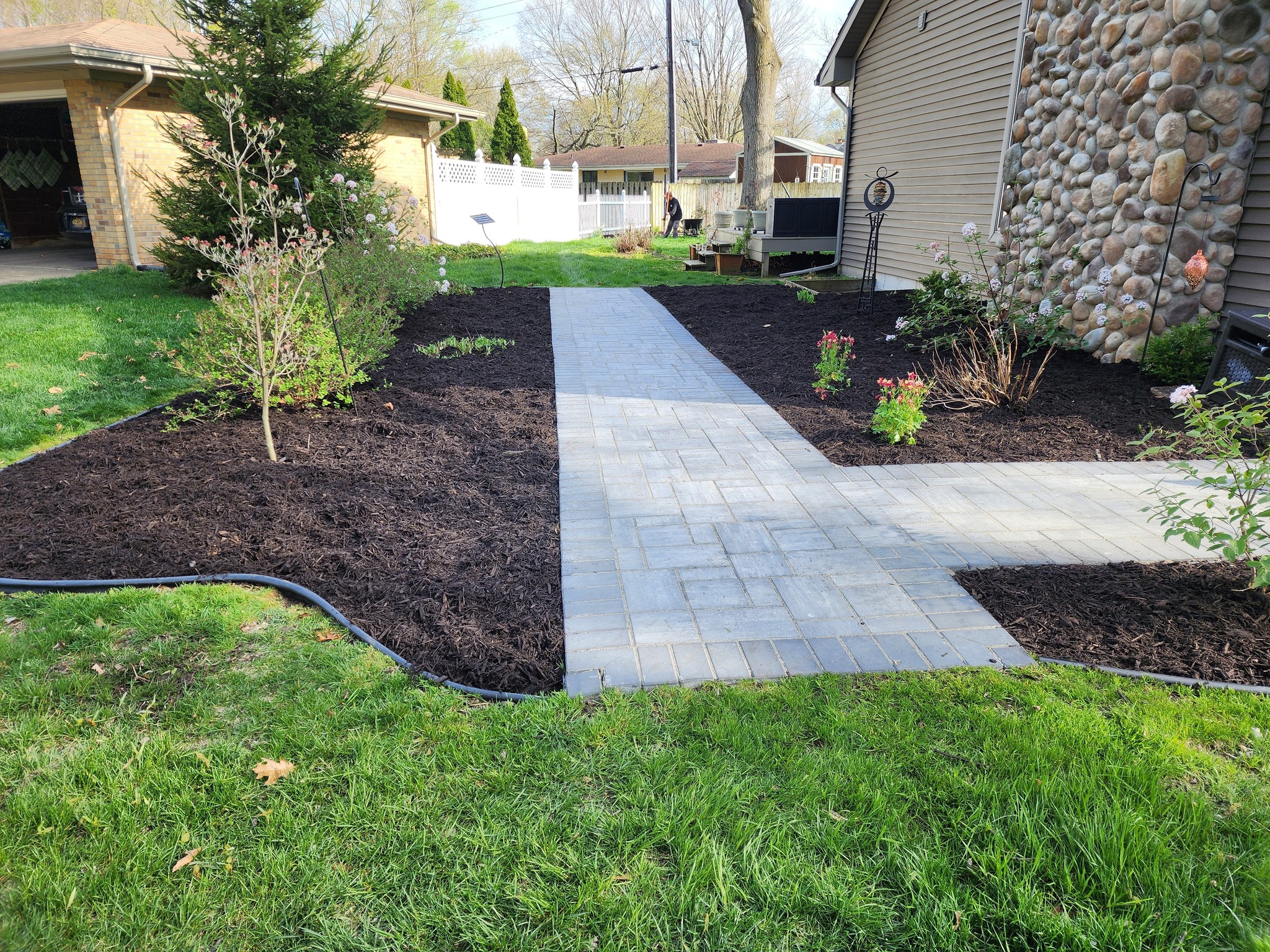Paver walkway with mulch bed installation